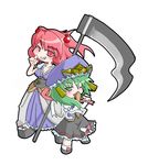  green_eyes green_hair hair_bobbles hair_ornament hat kureha_mitsushige long_hair multiple_girls one_eye_closed onozuka_komachi red_eyes red_hair rod_of_remorse scythe shiki_eiki short_hair touhou two_side_up 