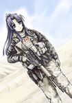  asakura_ryouko bad_id bad_pixiv_id battle_rifle blue_eyes blue_hair camouflage canada digital_camouflage fn_fal gun handgun holster load_bearing_vest long_hair military military_operator pistol ponytail rifle scope solo sumisi suzumiya_haruhi_no_yuuutsu weapon 