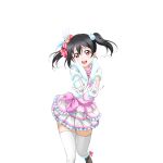  1girl \m/ black_hair black_shoes blush bow cowboy_shot double_\m/ feather_hair_ornament feathers fur-trimmed_gloves fur_jacket fur_trim furrowed_brow gloves hair_bow hair_ornament jacket layered_skirt looking_at_viewer love_live! love_live!_school_idol_festival love_live!_school_idol_project official_art open_mouth outstretched_arms over-kneehighs pink_ribbon pink_shirt red_eyes ribbon shirt shoes skirt smile snow_halation solo standing teeth thighhighs transparent_background turtleneck turtleneck_shirt twintails upper_teeth_only white_feathers white_gloves white_jacket white_skirt white_thighhighs yazawa_nico 