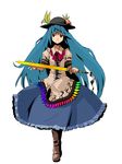  apron blue_hair boots bow bowtie food fruit hat hinanawi_tenshi leaf long_hair peach puffy_sleeves red_eyes skirt smile solo sword sword_of_hisou touhou very_long_hair weapon yokohachi 