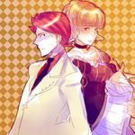  1girl bad_id bad_pixiv_id beatrice blonde_hair blue_eyes choker dress jacket kotono lowres necktie red_hair short_hair umineko_no_naku_koro_ni ushiromiya_battler 