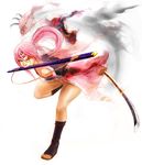  androgynous bad_anatomy baiken black_footwear boots breasts claws cleavage facial_mark facial_scar forehead_mark guilty_gear holding holding_sword holding_weapon katana knee_boots large_breasts leaning_forward leg_up long_hair looking_at_viewer mouth_hold one_eye_closed open_toe_shoes pink_hair ponytail scar scar_across_eye sheath smoke socks solo standing standing_on_one_leg sword thighs toes tomotototo unsheathed weapon 