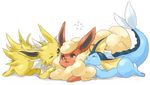  flareon full_body fur gen_1_pokemon jolteon no_humans pokemon pokemon_(creature) simple_background spiked_fur vaporeon white_background yoshikawa_mo 