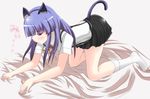  all_fours animal_ears bangs bed bed_sheet bell blue_hair blunt_bangs blush cat_ears furude_rika hair_ornament hairband higurashi_no_naku_koro_ni long_hair miniskirt ndrdn pleated_skirt purple_hair red_eyes sad school_uniform skirt socks solo suspenders tail 