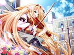  blond_hair blonde_hair blush bouquet braid braided_hair building dress flower green_eyes instrument long_hair open_mouth very_long_hair violin 