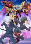  1boy 1girl anosillus_ii anti_(ssss.gridman) armor black_hair blue_eyes breasts earrings formal_clothes glasses glowing glowing_eyes grey_hair gridknight_(ssss.gridman) gridman_universe highres holding holding_sword holding_weapon jacket jewelry kaiser_gridknight kaneko_naoya katana long_hair long_sleeves looking_at_viewer mecha necktie open_hand open_mouth red_eyes robot science_fiction shirt short_hair shoulder_armor shoulder_cannon smile ssss.dynazenon suit super_robot sword v-fin weapon white_shirt wings 