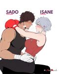  1boy 1girl animerch_x bare_shoulders bleach blush boxing_gloves dark-skinned_male dark_skin highres kotetsu_isane sado_yasutora short_hair simple_background sitting sitting_on_person 