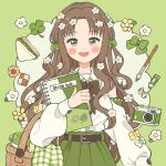  1girl :d basket belt blush bottle bow bowtie brown_belt brown_bow brown_bowtie brown_hair camera checkerboard_cookie clover collared_shirt commentary_request cookie corrupted_twitter_file cowboy_shot eeppa flower food green_bow green_skirt hair_bow hair_flower hair_ornament highres holding holding_sketchbook long_hair long_sleeves looking_at_viewer open_mouth original paint_tube paintbrush parted_bangs puffy_long_sleeves puffy_sleeves sandwich shirt sketchbook skirt smile solo white_shirt 