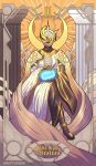  1girl 2068 absurdres armor asymmetrical_armor black_bodysuit bodysuit cape card_(medium) clock_hands dress english_text gears giganticbrush gold_gloves helmet highres holding kamen_rider kamen_rider_tsukuyomi kamen_rider_zi-o_(series) looking_at_viewer open_hands pun sash shoulder_sash sitting solo tarot tarot_(medium) the_high_priestess_(tarot) white_armor yellow_eyes 