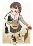  blush bowl braid brown_eyes brown_hair calico cat cat_food copyright_request glasses kneehighs long_hair luna2 pet_bowl skirt slippers socks solo tile_floor tiles twin_braids 