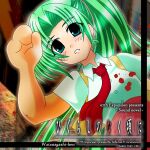  1girl aqua_eyes blood blush buttons collared_shirt commentary derivative_work english_text green_hair gretelandcat hand_up high_ponytail highres higurashi_no_naku_koro_ni looking_at_viewer necktie parted_bangs parted_lips pleated_skirt ponytail red_necktie red_skirt ryuukishi07_(style) shirt short_sleeves skirt solo sonozaki_mion video_game_cover_redraw white_shirt 