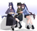  ;3 ;d absurdres alternate_costume animal_ears black_skirt black_socks blue_eyes blue_hair blue_sweater book brown_hair cheval_grand_(umamusume) commentary ear_covers ears_through_headwear green_sweater hair_between_eyes highres holding holding_book holding_quill hood hooded_sweater horse_ears horse_girl loafers long_hair mole mole_under_eye multicolored_hair neck_ribbon one_eye_closed pink_ribbon quill ribbon shoes siblings single_ear_cover sisters sitting skirt smile sneakers socks streaked_hair sweater tor1goe umamusume v v_sisters verxina_(umamusume) vivlos_(umamusume) white_hair white_socks 