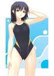  :o arm_up bangs bare_arms bare_shoulders black_hair breasts collarbone competition_swimsuit copyright_request cowboy_shot dasoku_sentarou ellesse eyebrows_visible_through_hair hair_between_eyes legs looking_at_viewer medium_breasts medium_hair one-piece_swimsuit open_mouth outline purple_eyes solo standing swimsuit white_outline 