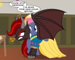 2025 badumsquish blonde_hair blue_body blue_eyes blush clothing demon demon_pony dialogue digital_media_(artwork) dress duo earth_pony english_text equid equine exclamation_point eyeshadow fan_character female feral fire fire_from_nose friendship_is_magic grey_body hair hasbro hi_res horn horse kim_stone_(oc) makeup male mammal membrane_(anatomy) membranous_wings my_little_pony pony red_eyes red_eyeshadow snow_white_(disney) snow_white_and_the_seven_dwarfs star_tracker_(mlp) text wings