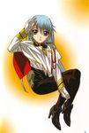  90s blue_hair gloves gotou_keiji hair_down hoshino_ruri kidou_senkan_nadesico kidou_senkan_nadesico_-_prince_of_darkness long_hair pantyhose solo yellow_eyes 