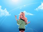  326 bare_shoulders blonde_hair blue_eyes cloud day from_behind hairband lens_flare long_hair looking_back macross macross_frontier paper_airplane sheryl_nome sky smile solo 