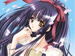  blush book bow frills frilly hair_bow jewelry licking long_hair necklace purple_hair tongue yellow_eyes 