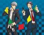  4ro ace adachi_tooru bad_id bad_pixiv_id baseball_bat card falling_card flag gun holding holding_card izanagi joker male_focus multiple_boys narukami_yuu necktie persona persona_4 playing_card silver_hair weapon 