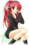  between_legs hair_ribbon hand_between_legs headphones long_hair lowres rec red_eyes red_hair redhead ribbon sitting smile sweater thigh-highs thighhighs 