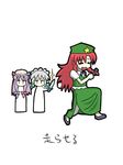  bad_id bad_pixiv_id china_dress chinese_clothes dress hong_meiling izayoi_sakuya knife multiple_girls nyantalab patchouli_knowledge red_hair silver_hair touhou 