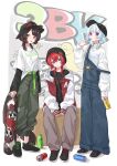  3girls 3znk :p absurdres alternate_costume alternate_hairstyle ange_katrina animal_ears arms_between_legs baggy_pants banken_(inui_toko) baseball_cap beanie belt bird black_hat black_shirt black_shoes black_sleeves blue_eyes blue_hair blue_overalls breasts brown_hair brown_tail bucket_hat candy character_name closed_mouth commentary_request crossed_bangs dog_ears dog_girl dog_tail ears_through_headwear fang floral_print_shirt food full_body graffiti green_belt green_pants grey_pants hair_between_eyes hand_up hat head_tilt heterochromia highres holding holding_candy holding_food holding_lollipop holding_skateboard inui_toko jacket layered_sleeves letterman_jacket lize_helesta lollipop long_bangs long_sleeves looking_at_viewer matching_hairstyle medium_breasts medium_hair multicolored_hair multiple_girls nijisanji off_shoulder open_clothes open_jacket open_mouth outline overalls pants purple_eyes red_eyes red_hair red_jacket sanbaka_(nijisanji) sebastian_piyodore shirt shirt_partially_tucked_in shoes short_over_long_sleeves short_sleeves sitting skateboard sleeves_past_wrists spray_paint standing strap_slip streaked_hair t-shirt tail tongue tongue_out two-tone_hair virtual_youtuber white_hair white_outline white_shirt white_sleeves wolf_cut yellow_bird yellow_eyes 