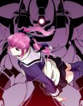  1girl absurdres breasts char's_deleted_affair commentary_request dom_(mobile_suit) glowing glowing_eye gundam haman_karn highres ishiyumi long_hair long_sleeves mecha mobile_suit one-eyed open_mouth pink_hair purple_eyes robot science_fiction shirt skirt socks twintails zeon 