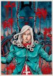  1boy 1other absurdres araki_hirohiko_(style) blue_coat coat commentary compound_eyes cross cross_print curly_hair dirty_deeds_done_dirt_cheap english_commentary flower funny_valentine grey_hair highres jojo_no_kimyou_na_bouken long_hair mask mouth_mask painting_(medium) red_eyes red_shirt shirt spider_lily spoilers stand_(jojo) steel_ball_run traditional_media watercolor_(medium) xfkart 