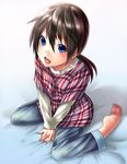  bad_id bad_pixiv_id barefoot blue_eyes blush brown_hair copyright_request feet inuzuka_bouru kneeling long_hair oekaki pajamas solo 