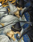  2boys absurdres adam&#039;s_apple black_hair black_hat black_shirt closed_eyes commentary couple english_commentary glasses hand_on_another&#039;s_neck hat highres hood hood_down hooded_robe kaidenchii kiss kissing_forehead long_sleeves male_focus multiple_boys multiple_views olruggio_(tongari_boushi_no_atelier) open_collar pince-nez pointy_hat qifrey_(tongari_boushi_no_atelier) robe shirt short_hair sleeve_cuffs tassel tongari_boushi_no_atelier two-sided_robe white_hair white_hat white_robe white_shirt wing_collar yaoi 