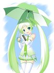  alternate_color aqua_eyes detached_sleeves green_hair hatsune_miku long_hair necktie shiou_tsuyukusa smile solo standing thighhighs twintails umbrella very_long_hair vocaloid 