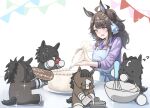  1girl 4others animal_ears apron birthday_cake blue_apron blue_eyes blush brown_hair cake character_request contrail_(racehorse) daring_tact_(umamusume) food hair_ribbon hakekeke2525 highres horse horse_ears horse_girl melody_lane_(racehorse) multiple_others onsen_symbol ponytail purple_serafuku purple_shirt real_life ribbon sailor_collar sailor_shirt school_uniform serafuku shirt sleeves_rolled_up titleholder_(racehorse) tracen_school_uniform umamusume wavy_hair 