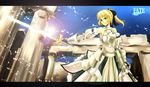  armor armored_dress artoria_pendragon_(all) bare_shoulders blonde_hair dress fate/stay_night fate/unlimited_codes fate_(series) gauntlets green_eyes ponytail saber saber_lily solo sunway sword weapon 