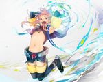  armpits bad_id bad_pixiv_id blue_eyes colorful detached_sleeves elbow_gloves gloves midriff navel open_mouth original pink_hair shorts solo sumishuu thighhighs 
