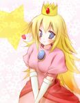  bad_id bad_pixiv_id blonde_hair blue_eyes blush breasts brooch crown dress elbow_gloves gem gloves heart jewelry long_hair looking_at_viewer mario_(series) medium_breasts pink_dress princess_peach puffy_short_sleeves puffy_sleeves scarlet_(studioscr) short_sleeves simple_background smile solo star super_mario_bros. very_long_hair white_background white_gloves 