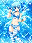  arm_garter beads blue blue_bra blue_eyes blue_hair blue_legwear blue_nails blue_panties blush bow bow_bra bow_panties bra breasts cameltoe cirno fingernails frilled_bra frilled_legwear frilled_panties frills hair_bow hair_ribbon happy highres jewelry kamiya_tomoe lace lace-trimmed_bra lace-trimmed_panties large_bow lingerie lying midriff nail_art nail_polish navel necklace on_back open_mouth panties ribbon short_hair small_breasts smile snowflakes solo sparkle striped striped_legwear thigh_gap thighhighs touhou underwear underwear_only v wings 