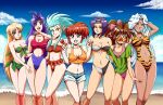  6+girls aa_megami-sama aqua_hair beach brown_hair character_request cowboy_bebop cowboy_shot crossover dark-skinned_female dark_skin deedlit faye_valentine highres long_hair multiple_crossover multiple_girls naga_the_serpent outdoors pointy_ears purple_hair ranma-chan ranma_1/2 record_of_lodoss_war red_hair ryouko_(tenchi_muyou!) short_hair short_shorts shorts slayers sunglasses swimsuit tedbob84 tenchi_muyou! urd_(aa_megami-sama) white_hair 