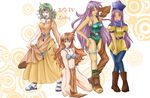  alena alena_(dq4) alena_(dq4)_(cosplay) asymmetrical_clothes bikini blue_eyes blue_legwear blue_leotard blush boots circlet cosplay costume_switch detached_sleeves dragon_quest dragon_quest_iv dress embarrassed green_hair hat hatori_naruyoshi heroine_(dq4) heroine_(dq4)_(cosplay) jewelry kneeling leggings leotard loincloth long_hair manya manya_(cosplay) minea minea_(cosplay) multiple_girls necklace orange_dress pantyhose pelvic_curtain purple_eyes purple_hair red_eyes red_hair sandals short_hair single_thighhigh skirt skirt_tug smile swimsuit thighhighs yellow_skirt 