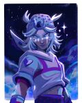  1boy absurdres beanie blue_pants blue_theme border hat heart_ornament highres hood hoodie horseshoe_hat_ornament johnny_joestar jojo_no_kimyou_na_bouken looking_at_viewer male_focus medium_hair messy_hair navel nolvini pants short_sleeves solo sparkle star_(symbol) star_print steel_ball_run upper_body white_border wristband 