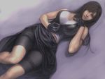  black_hair breasts cleavage final_fantasy final_fantasy_vii final_fantasy_vii_advent_children gloves jayun large_breasts long_hair lying ribbon shorts solo tifa_lockhart unzipping 