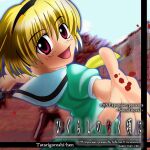  1girl blonde_hair blood blush commentary derivative_work english_text green_serafuku gretelandcat hairband highres higurashi_no_naku_koro_ni houjou_satoko looking_at_viewer looking_back necktie open_hands open_mouth outstretched_arms pink_eyes ryuukishi07_(style) sailor_collar school_uniform serafuku short_hair short_sleeves smile solo spread_arms video_game_cover_redraw white_sleeves yellow_necktie 