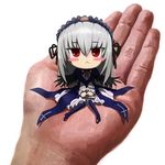  :&lt; black_wings blush_stickers chibi dress frills hairband hands in_palm ishikkoro long_hair minigirl out_of_frame pov pov_hands red_eyes rozen_maiden silver_hair solo_focus suigintou wings 