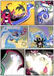blue_eyes bullying comic dialogue digital_media_(artwork) dragon dratini english_text evadne_(grimart) evolution_(transformation) fangs female frowning_at_another generation_1_pokemon generation_5_pokemon generation_8_pokemon ghost gothitelle grimart group hailey_(grimart) hair haxorus humanoid imp kick long_hair morgrem mythological_creature mythological_scalie mythology nintendo open_mouth oracle_(grimart) pink_body pokemon pokemon_(species) prometheus_(grimart) red_eyes scalie simple_background smile speech_bubble spirit standing tail teeth text transformation translucent translucent_body trio white_text