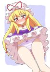  1girl blonde_hair blush breasts choker cleavage closed_mouth clothes_lift dress dress_lift embarrassed from_below gloves hair_ribbon hat highres legs lifting_own_clothes long_hair looking_at_viewer mob_cap panties purple_dress purple_panties red_eyes ribbon ribbon_choker smile solo striped_clothes striped_panties thighs touhou underwear very_long_hair white_gloves white_panties yakumo_yukari zenji029 