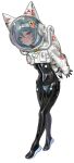  1boy absurdres animal_ears_helmet animal_helmet aqua_hair arms_behind_back bodysuit commission fang full_body helmet highres latex latex_bodysuit leaning_forward looking_at_viewer original otoko_no_ko pixiv_commission pouch purple_eyes saaal653 skin_fang skin_tight solo spacesuit sticker white_background 