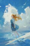  1girl artist_name blue_skirt blue_sky closed_eyes closed_mouth cloud commentary cumulonimbus_cloud day english_commentary floating_hair highres long_hair neon_genesis_evangelion ocean orange_hair outdoors sberrymacchiato school_uniform shirt short_sleeves simple_bird skirt sky solo souryuu_asuka_langley standing tokyo-3_middle_school_uniform wading water white_shirt 