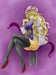  blonde_hair fan gap hat high_heels long_hair shoes solo thighhighs touhou untan yakumo_yukari yellow_eyes 