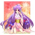  blush dot_r hair_ornament hair_ribbon hairpin japanese_clothes jewelry kimono long_hair no_hat no_headwear patchouli_knowledge purple_eyes purple_hair ribbon solo touhou 