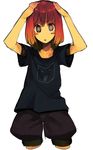  :o baggy_pants blush blush_stickers cowboy_shot cropped_legs hama_(22ji_kara_24ji) hands_on_own_head highres original pants red_hair shirt short_hair sketch solo t-shirt 