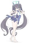  1girl absurdly_long_hair alternate_breast_size aris_(blue_archive) aris_(mecha_suit)_(blue_archive) bare_arms bare_legs bare_shoulders barefoot black_hair blue_eyes blue_leotard blue_skirt closed_mouth double_v hair_between_eyes highres leotard long_hair looking_at_viewer official_alternate_costume sidelocks skirt smile solo t1kosewad twintails v very_long_hair 