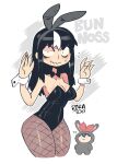  2girls :3 animal_ear_hairband animal_ears animal_hood bags_under_eyes bare_shoulders black_hair black_leotard bow bow_hairband bowtie breasts cleavage closed_mouth collarbone covered_navel detached_collar english_text fake_animal_ears fishnet_pantyhose fishnets glasgow_smile hair_between_eyes hair_bow hairband highleg highleg_leotard highres hood hood_up jaggy_lines large_breasts leotard long_fingers long_hair looking_at_viewer multicolored_hair multiple_girls noss_&amp;_zakuro noss_(rariatto) pajamas pantyhose playboy_bunny rabbit_ear_hairband rabbit_ears rabbit_hood rabbit_pajamas rariatto_(ganguri) red_bow red_hairband smile solo_focus strapless strapless_leotard streaked_hair traditional_bowtie vampire wavy_mouth white_background white_hair white_wrist_cuffs wrist_cuffs zakuro_(rariatto) 